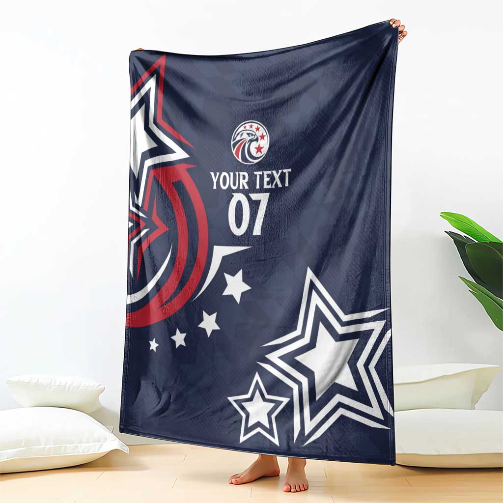 Blue rugby blanket hanging outdoors featuring eagle emblem, stars, and “YOUR TEXT 07”