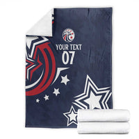 Blue rugby blanket with red and white eagle logo, stars, and custom text block