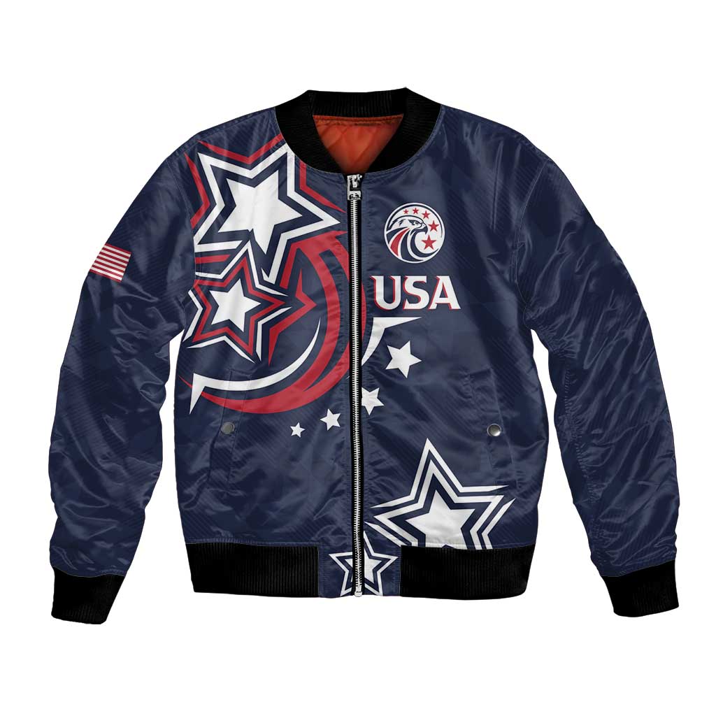 Blue satin bomber jacket with full zip front, USA emblem and star graphic patches.