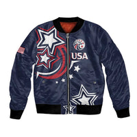 Blue satin bomber jacket with full zip front, USA emblem and star graphic patches.