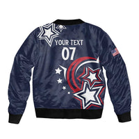 Blue bomber jacket back with large star swirl, YOUR TEXT 07 print, ribbed cuffs.
