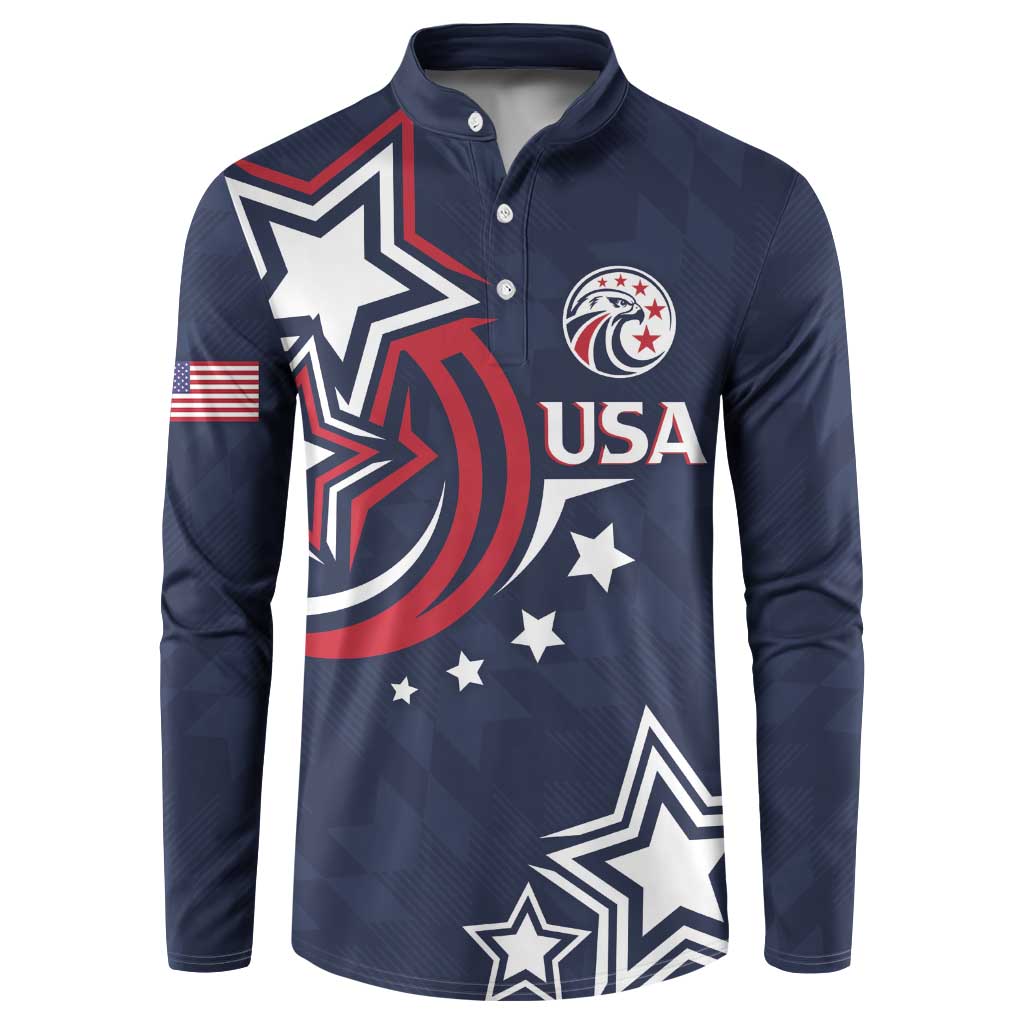 Men's dark blue button sweatshirt with USA crest and star graphic on front