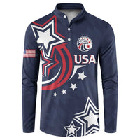 Men's dark blue button sweatshirt with USA crest and star graphic on front