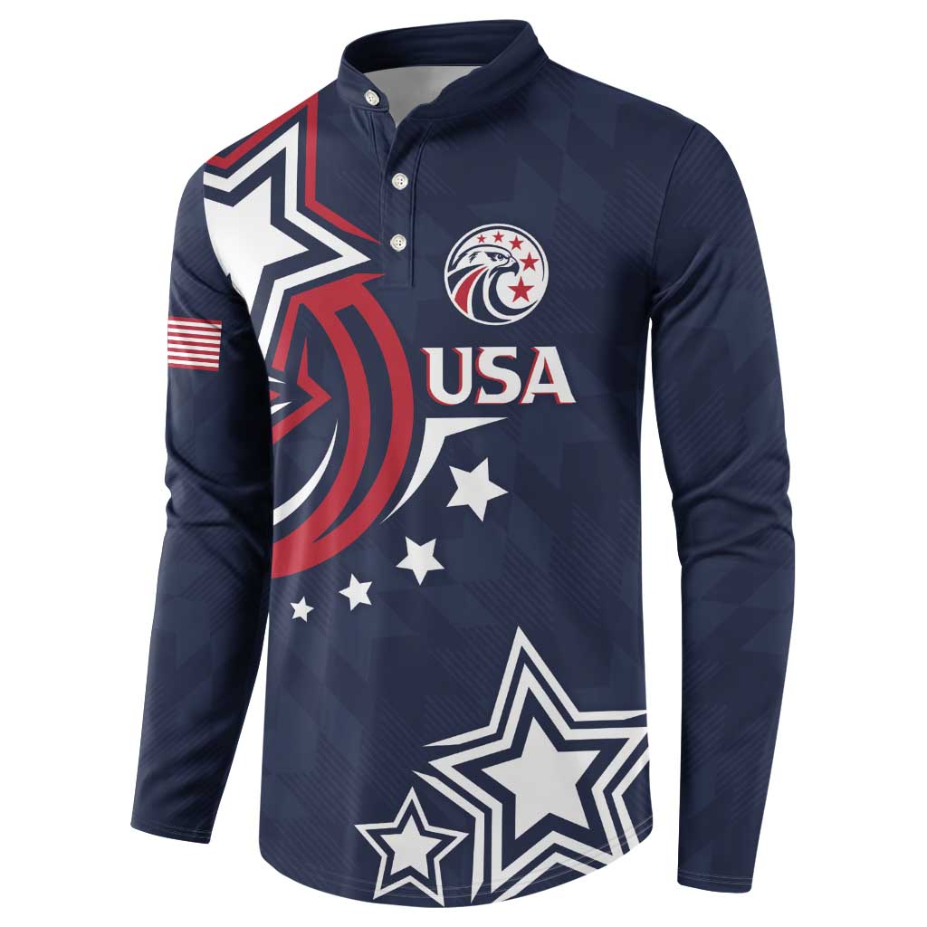 Men's dark blue button sweatshirt front with USA crest and large star print