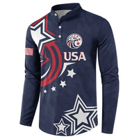 Men's dark blue button sweatshirt front with USA crest and large star print