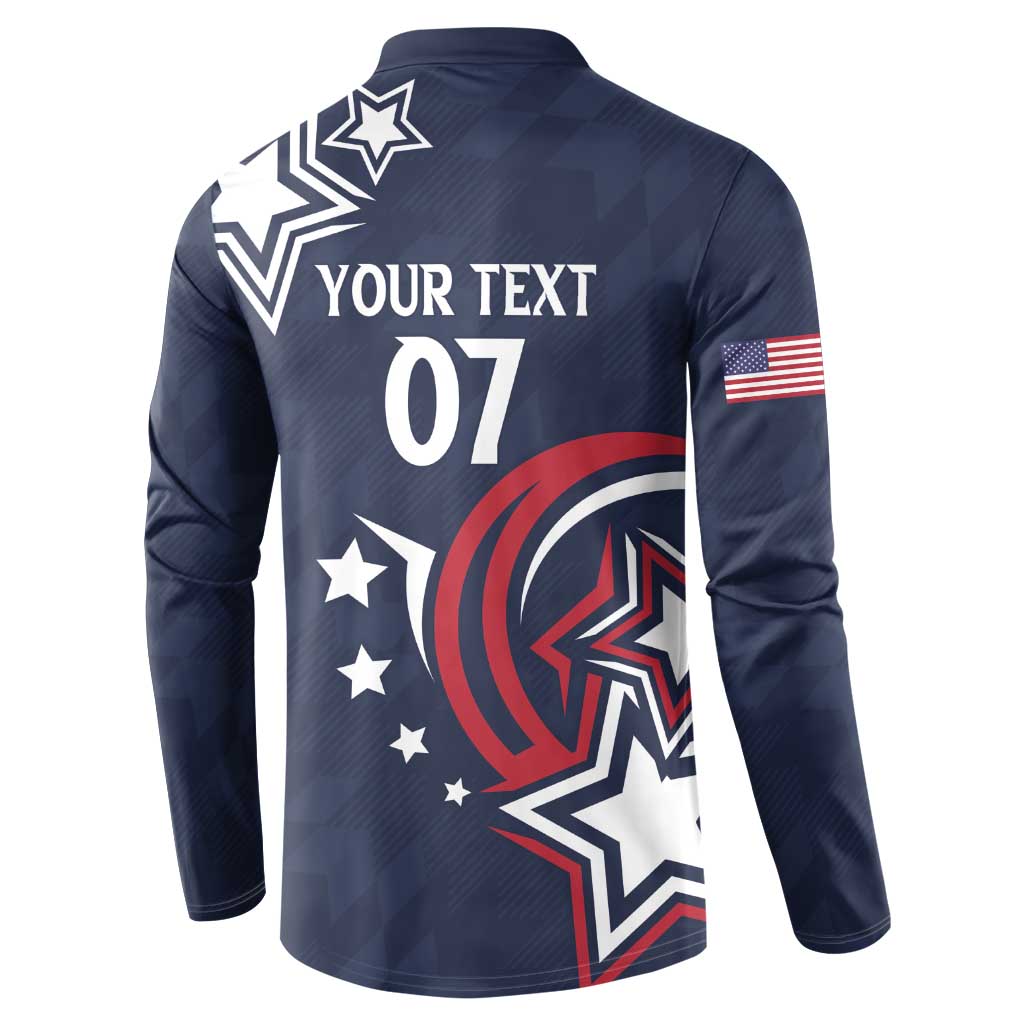 Men's dark blue button sweatshirt back with YOUR TEXT 07 and star graphic