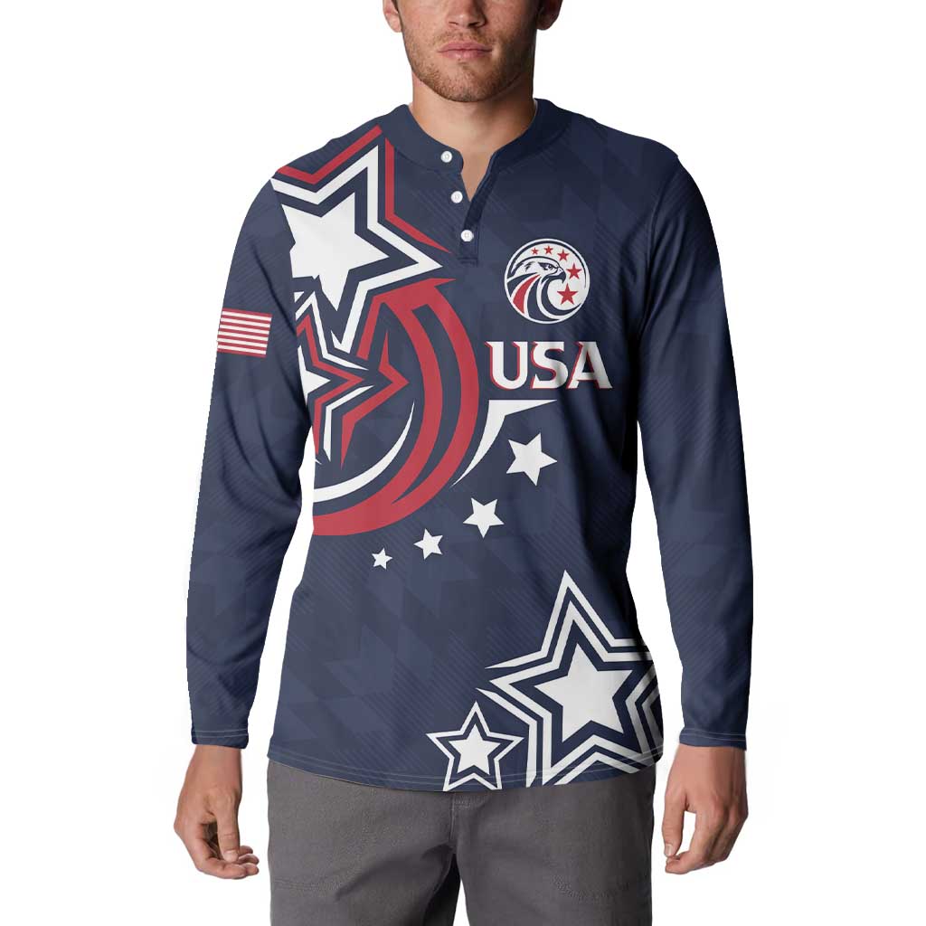 Men's dark blue button sweatshirt on model, front USA crest and star design