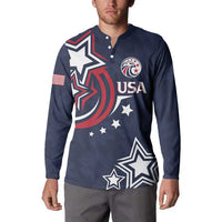 Men's dark blue button sweatshirt on model, front USA crest and star design