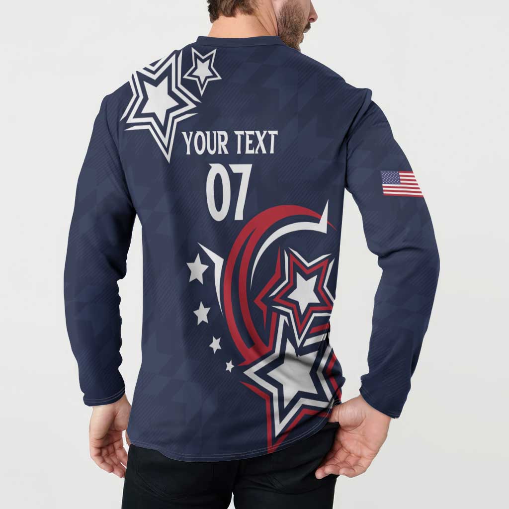 Men's dark blue button sweatshirt on model, back YOUR TEXT 07 star graphic
