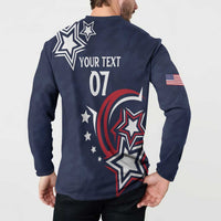Men's dark blue button sweatshirt on model, back YOUR TEXT 07 star graphic