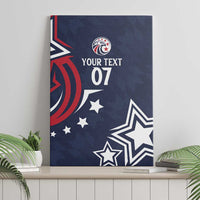Blue canvas wall art featuring custom text 07, star shapes, and red-and-white accents