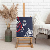 Blue custom canvas wall art with text 07, star icons, and red circular ribbon graphic