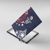 Blue wall art canvas shown from an angle, with custom text 07 and star designs