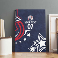 Blue wrapped canvas wall art with custom text 07, stars, and red-and-white banner details