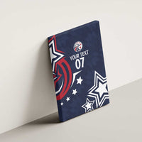 Blue custom canvas wall art mounted on wall, with text 07 and star graphics