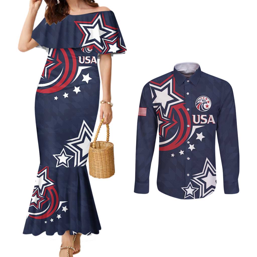 USA Rugby 2024 Custom Couples Matching Mermaid Dress and Long Sleeve Button Shirt GO Eagles Assemble - Blue Version