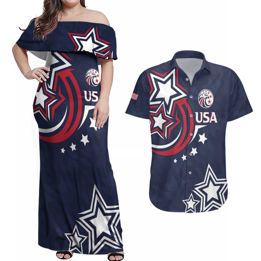 USA Rugby 2024 Custom Couples Matching Off Shoulder Maxi Dress and Hawaiian Shirt GO Eagles Assemble - Blue Version LT7 - Wonder Print Shop