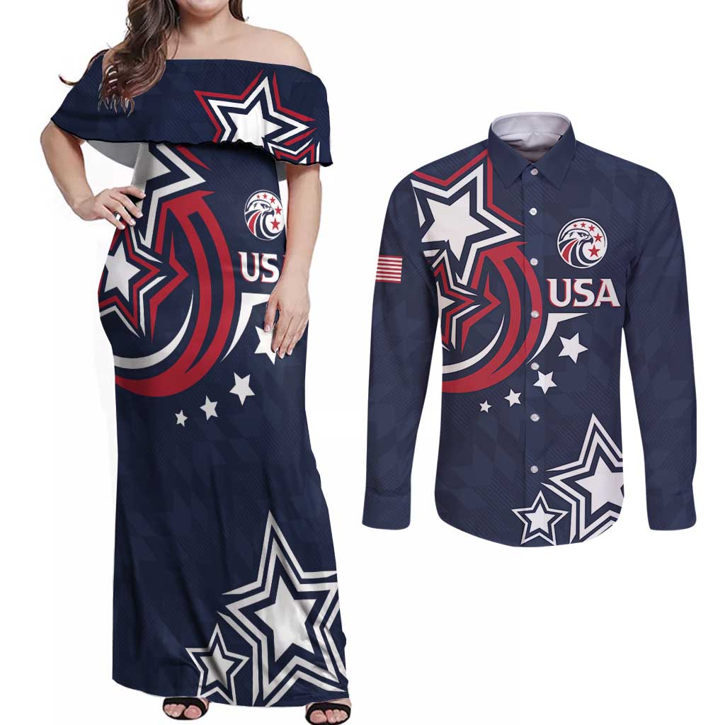 USA Rugby 2024 Custom Couples Matching Off Shoulder Maxi Dress and Long Sleeve Button Shirt GO Eagles Assemble - Blue Version LT7 - Wonder Print Shop