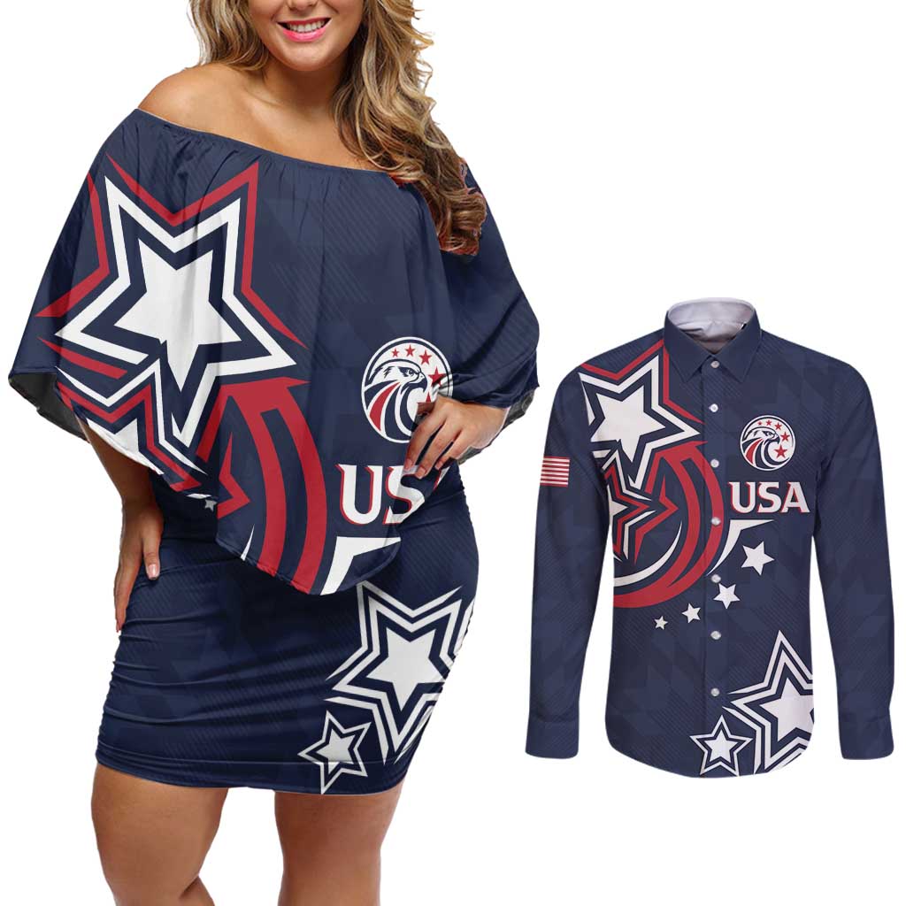 USA Rugby 2024 Custom Couples Matching Off Shoulder Short Dress and Long Sleeve Button Shirt GO Eagles Assemble - Blue Version LT7 - Wonder Print Shop