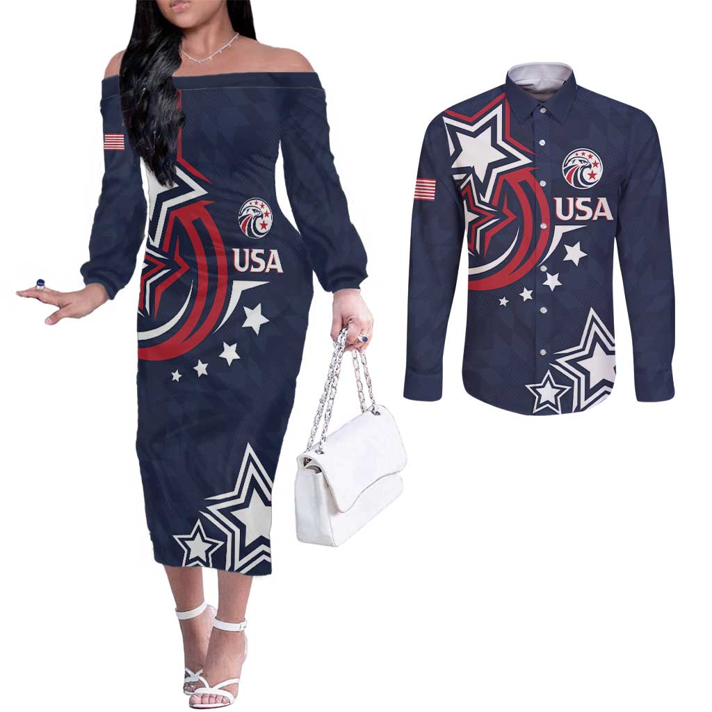 USA Rugby 2024 Custom Couples Matching Off The Shoulder Long Sleeve Dress and Long Sleeve Button Shirt GO Eagles Assemble - Blue Version