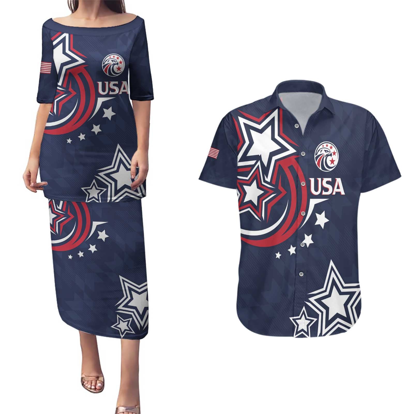 USA Rugby 2024 Custom Couples Matching Puletasi and Hawaiian Shirt GO Eagles Assemble - Blue Version LT7 - Wonder Print Shop