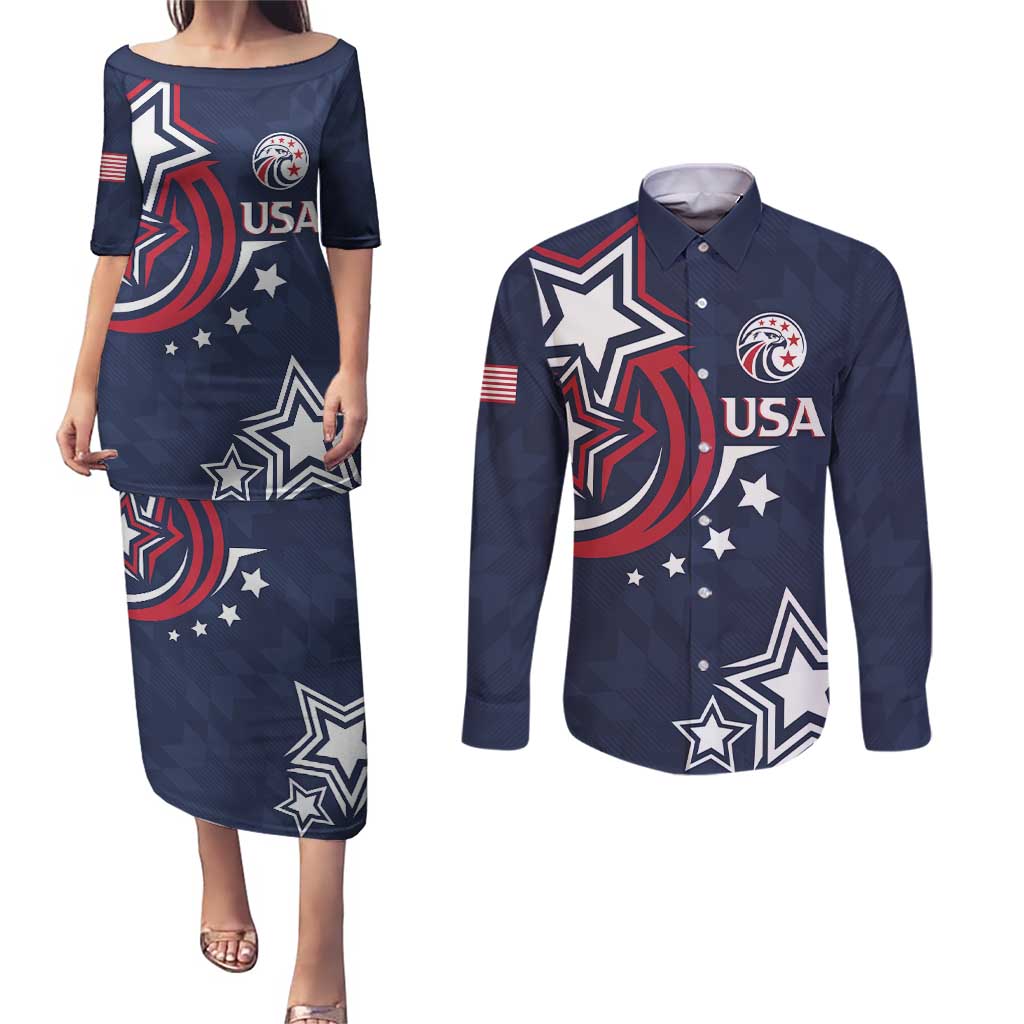 USA Rugby 2024 Custom Couples Matching Puletasi and Long Sleeve Button Shirt GO Eagles Assemble - Blue Version LT7 - Wonder Print Shop