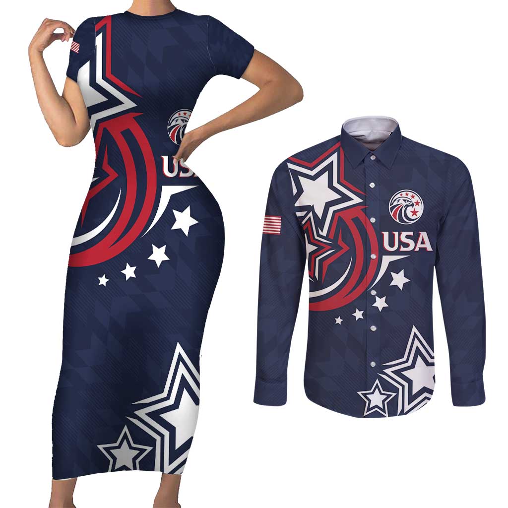 USA Rugby 2024 Custom Couples Matching Short Sleeve Bodycon Dress and Long Sleeve Button Shirt GO Eagles Assemble - Blue Version LT7 - Wonder Print Shop