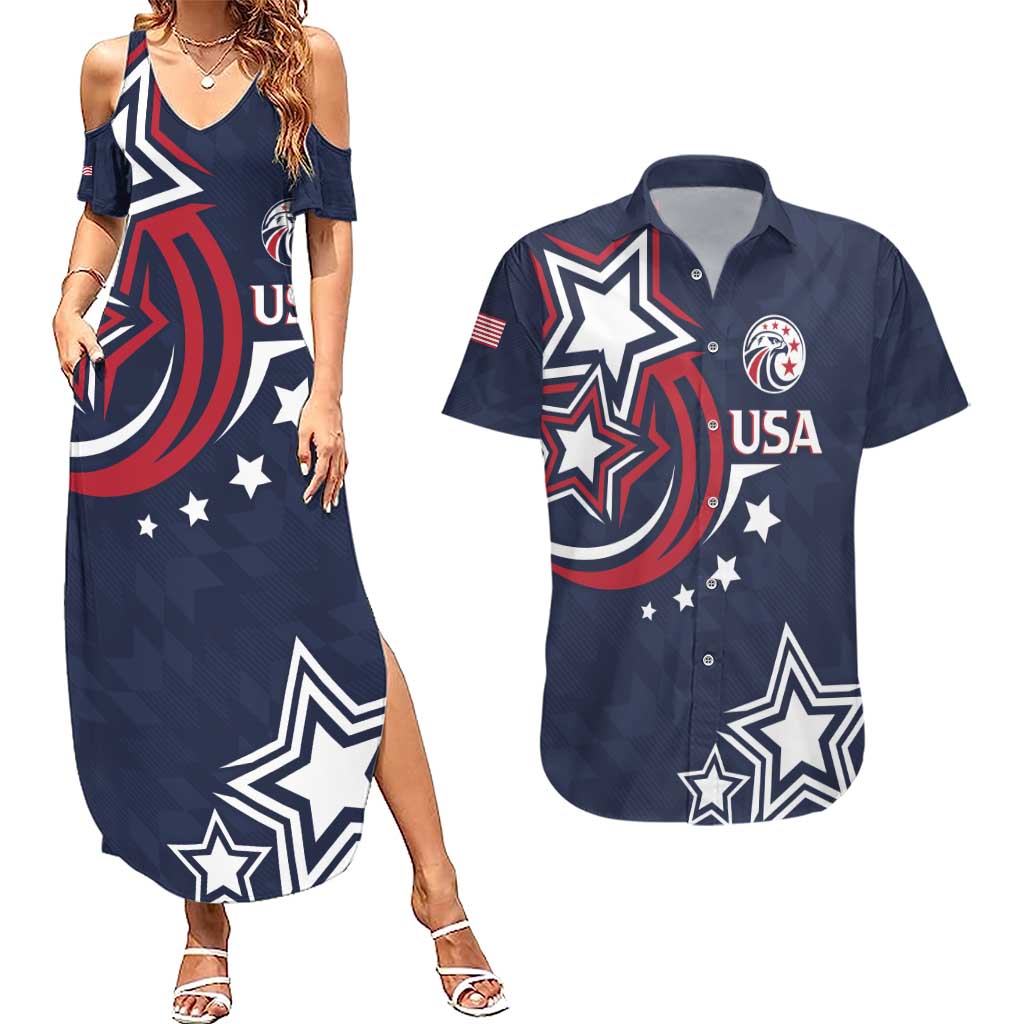 USA Rugby 2024 Custom Couples Matching Summer Maxi Dress and Hawaiian Shirt GO Eagles Assemble - Blue Version LT7 - Wonder Print Shop