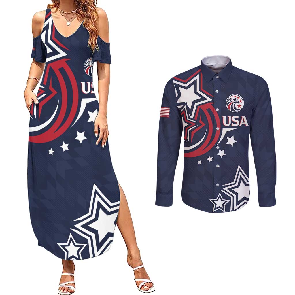 USA Rugby 2024 Custom Couples Matching Summer Maxi Dress and Long Sleeve Button Shirt GO Eagles Assemble - Blue Version LT7 - Wonder Print Shop