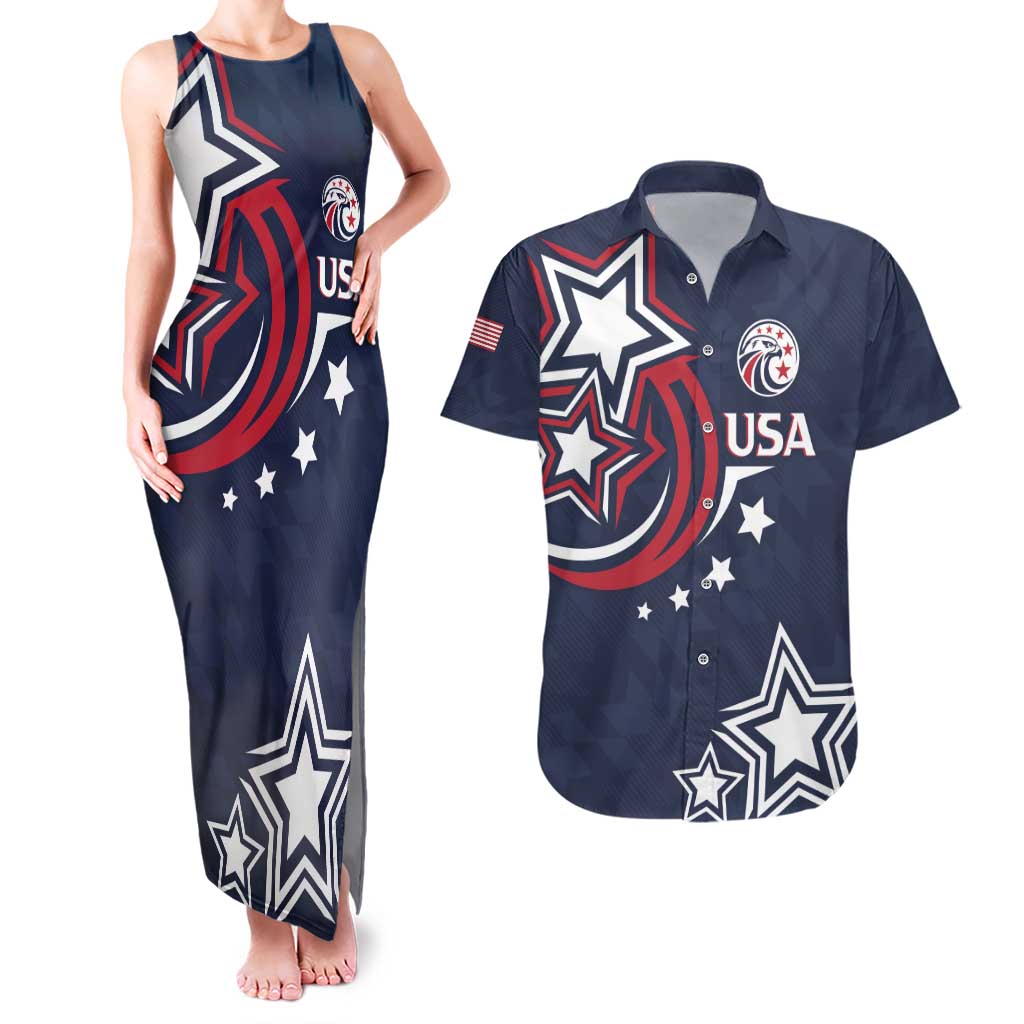 USA Rugby 2024 Custom Couples Matching Tank Maxi Dress and Hawaiian Shirt GO Eagles Assemble - Blue Version LT7 - Wonder Print Shop