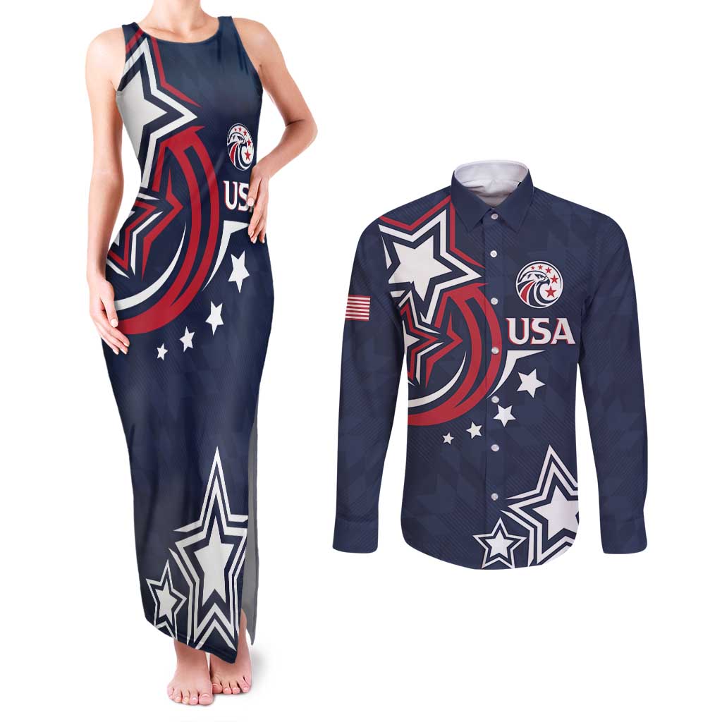 USA Rugby 2024 Custom Couples Matching Tank Maxi Dress and Long Sleeve Button Shirt GO Eagles Assemble - Blue Version LT7 - Wonder Print Shop