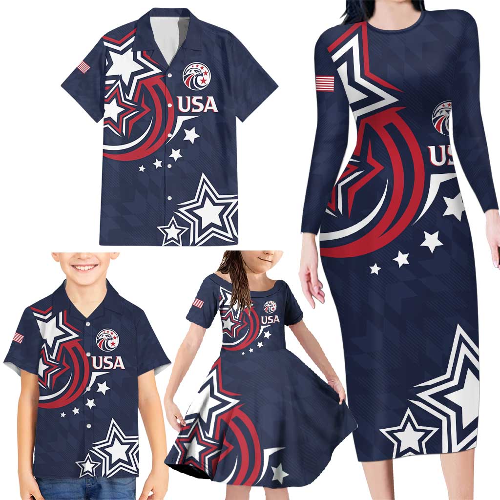 USA Rugby 2024 Custom Family Matching Long Sleeve Bodycon Dress and Hawaiian Shirt GO Eagles Assemble - Blue Version LT7 - Wonder Print Shop