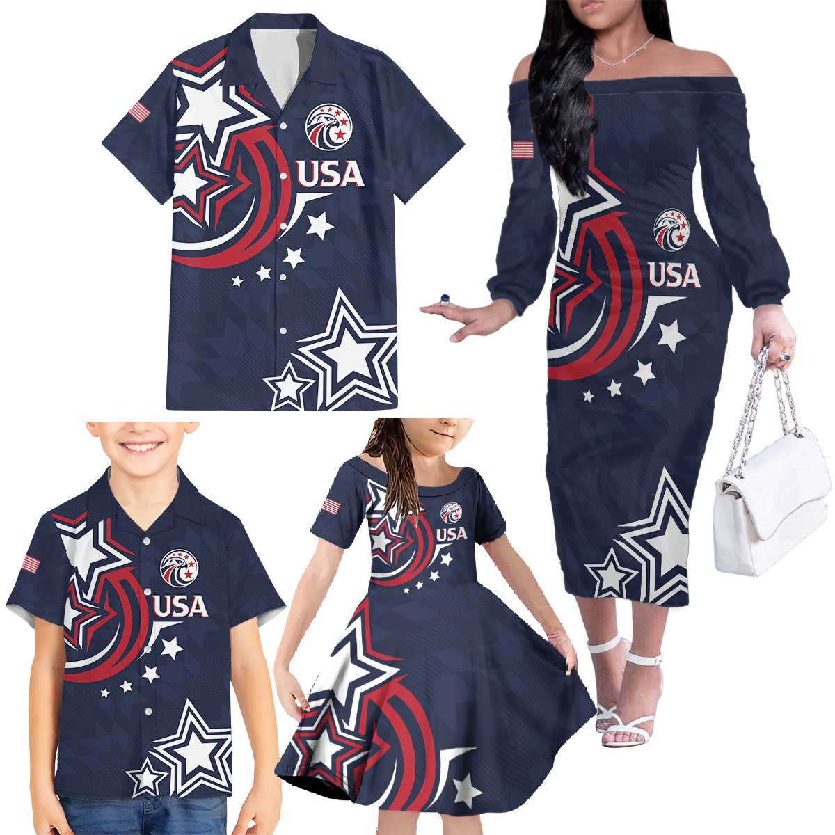 USA Rugby 2024 Custom Family Matching Off The Shoulder Long Sleeve Dress and Hawaiian Shirt GO Eagles Assemble - Blue Version - Wonder Print Shop