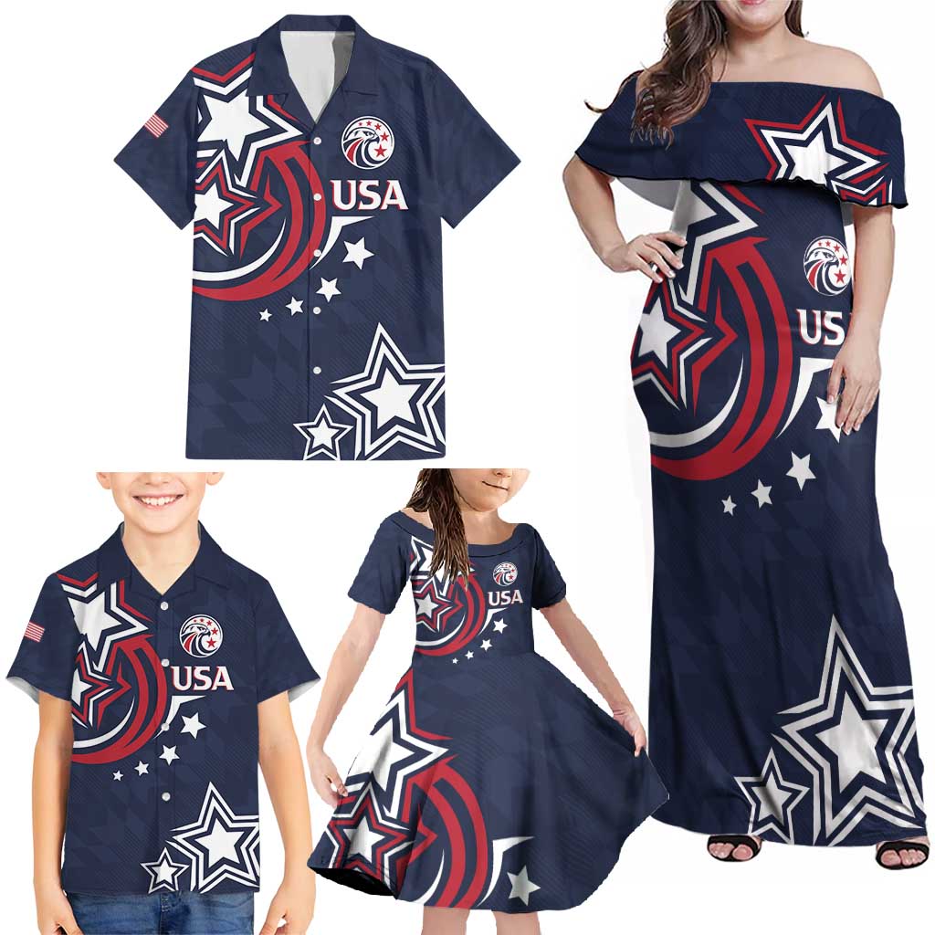 USA Rugby 2024 Custom Family Matching Off Shoulder Maxi Dress and Hawaiian Shirt GO Eagles Assemble - Blue Version LT7 - Wonder Print Shop