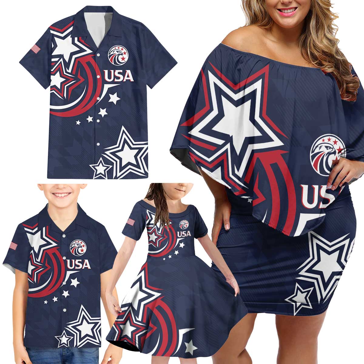 USA Rugby 2024 Custom Family Matching Off Shoulder Short Dress and Hawaiian Shirt GO Eagles Assemble - Blue Version LT7 - Wonder Print Shop