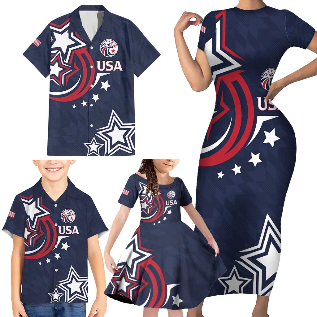 USA Rugby 2024 Custom Family Matching Short Sleeve Bodycon Dress and Hawaiian Shirt GO Eagles Assemble - Blue Version - Wonder Print Shop