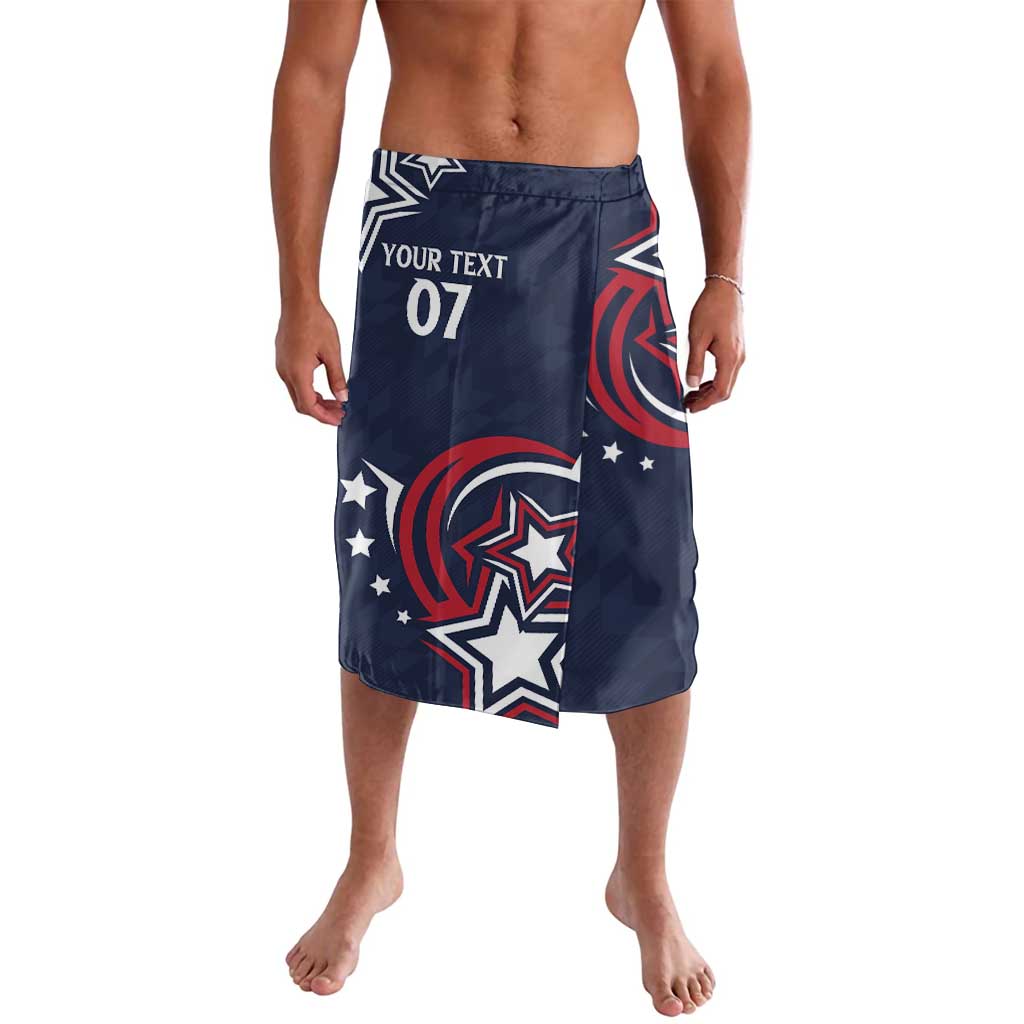 Blue swim shorts with elastic waistband and USA eagle graphic, custom text and number