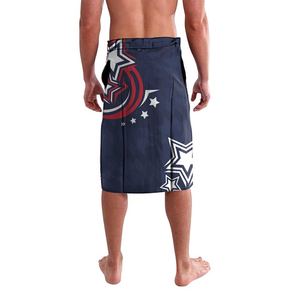 Navy blue swim shorts with full front print, star accents, and side panel graphic