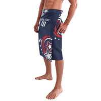 Blue swim shorts with large eagle logo and stars, plus custom text on upper leg