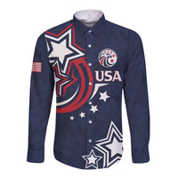 Navy long-sleeve button-up shirt with USA graphic and star accents