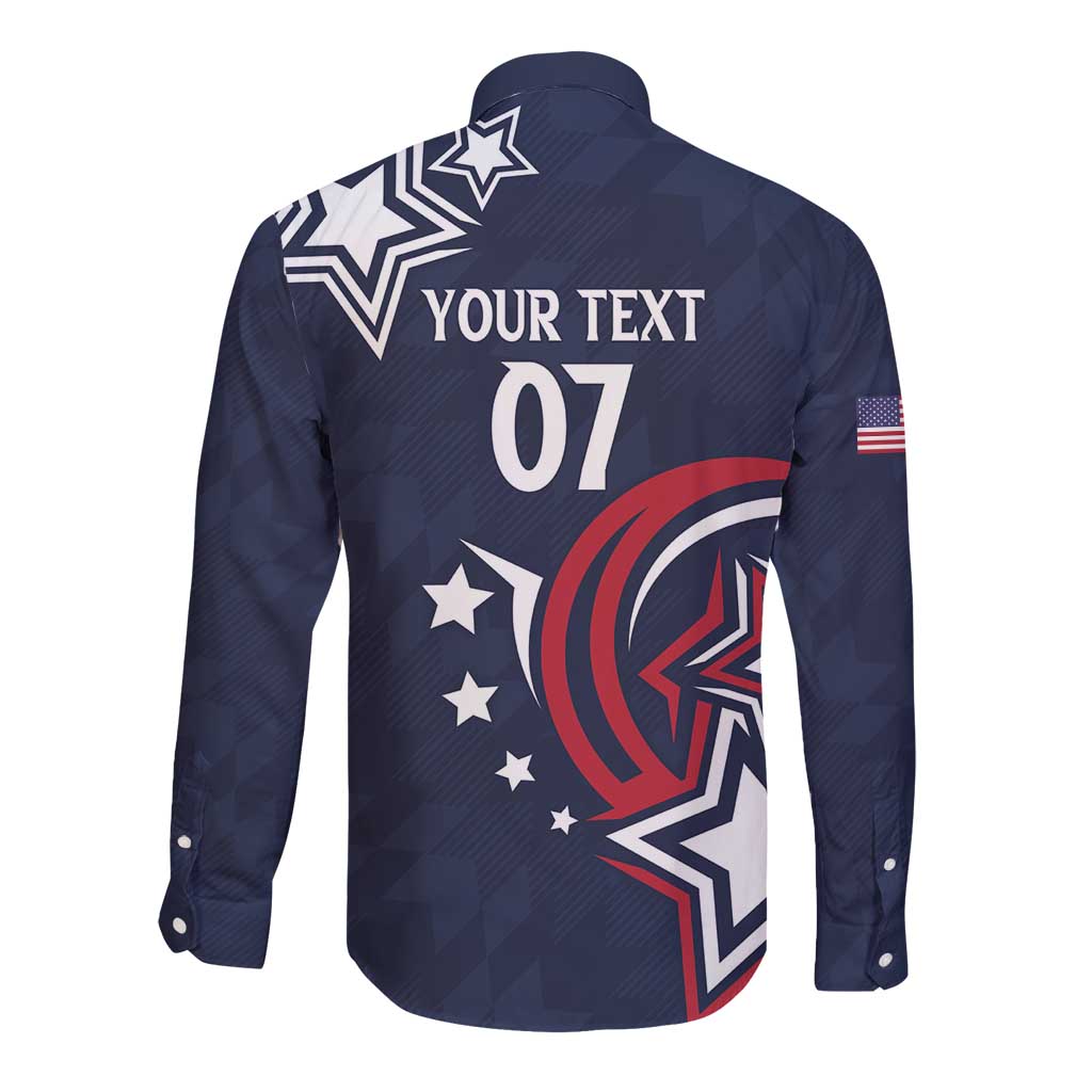 Navy long-sleeve button-up shirt with back 'YOUR TEXT' and number 07 graphic