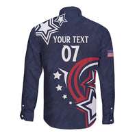 Navy long-sleeve button-up shirt with back 'YOUR TEXT' and number 07 graphic
