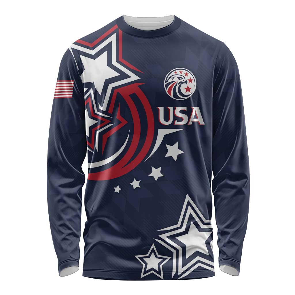 Navy long-sleeve rugby shirt with USA eagle crest and star graphic front