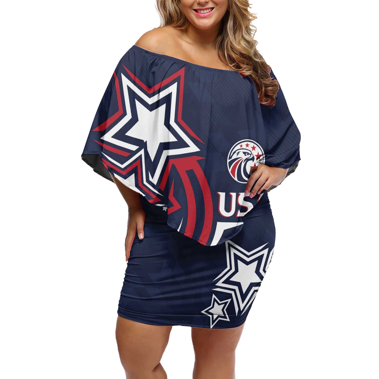 USA Rugby 2024 Custom Off Shoulder Short Dress GO Eagles Assemble - Blue Version - Wonder Print Shop