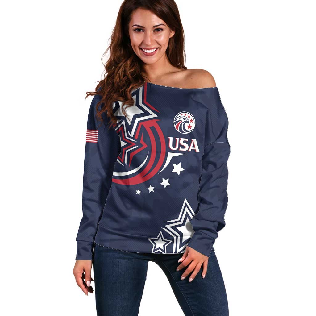 USA Rugby 2024 Custom Off Shoulder Sweater GO Eagles Assemble - Blue Version - Wonder Print Shop