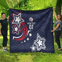 Navy-blue custom quilt with patriotic stars, red wave, and text 07