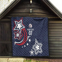 Navy-blue quilt with patriotic star designs, red swirl, and custom text 07