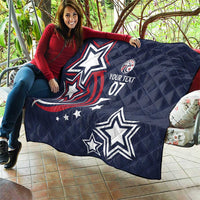 Navy-blue custom quilt with patriotic stars, red swoosh, and text 07 draped