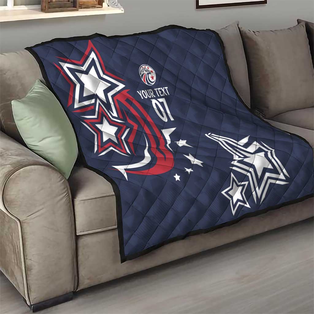 Navy-blue quilt with quilted pattern, patriotic star emblems, and text 07