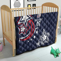 Navy-blue custom quilt with patriotic stars, red wave, and text 07 on crib